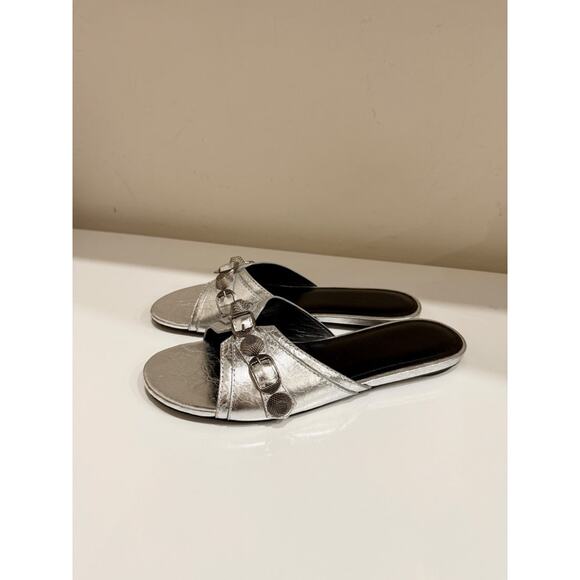 Balenciaga Cagole Embellished Metallic Textured-Leather Flat Sandal Silver EU 38 - Picture 6 of 12